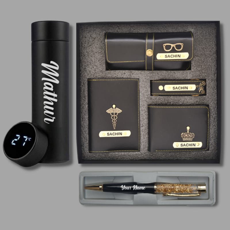 Premium 6-in-1 Personalized Gift Set | Customized Wallet, Glasses Case, Passport Cover, Keychain, Temperature Bottle, Pen