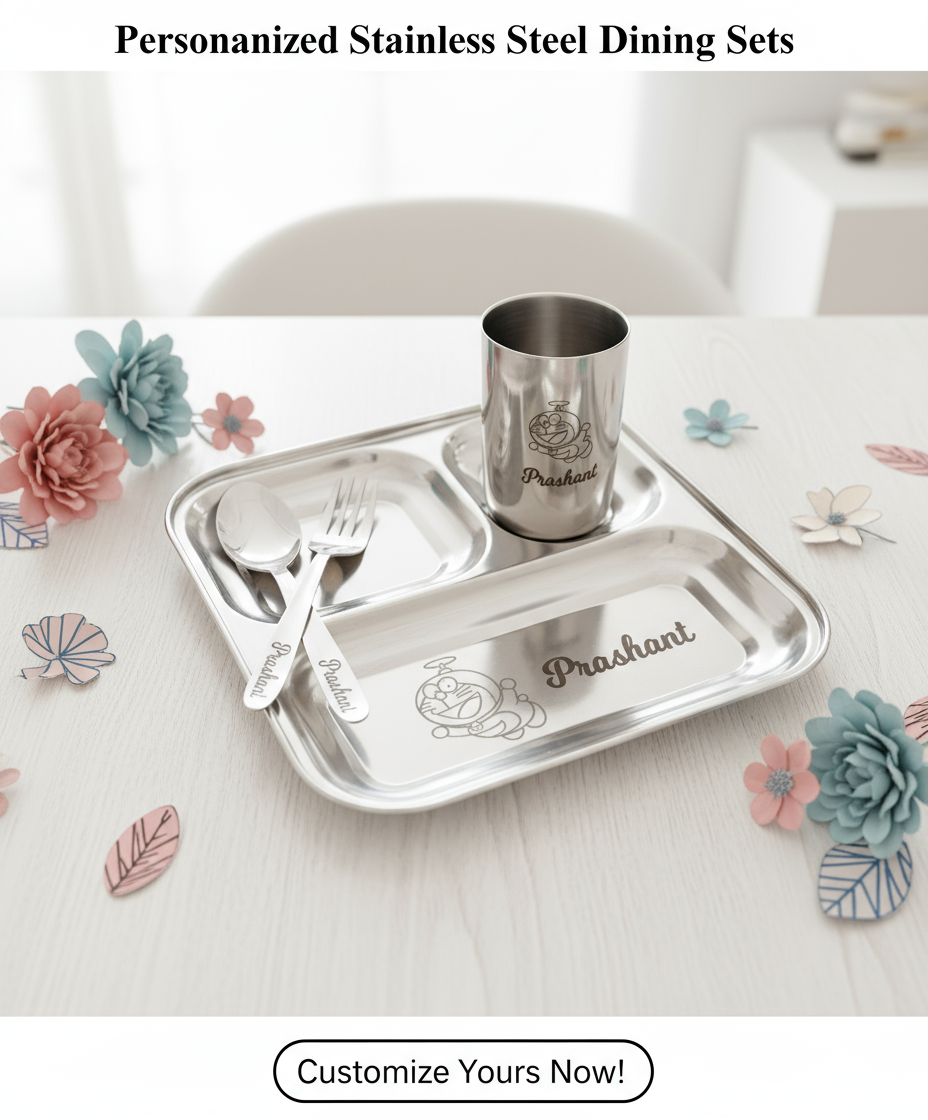 Personalized Stainless Steel Dinner Set | Custom Name & Character | 4-Piece Gift Set