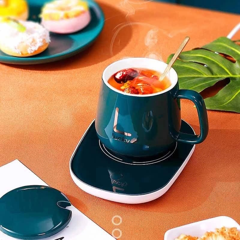 Brewing Coffee Mug, 15.5oz (450.5g), Set, Medium Ceramic Mug with Heater, Spoon and lid, Suitable for Men, Women and Gifts for Friends. You Gonna Love it! (Green)
