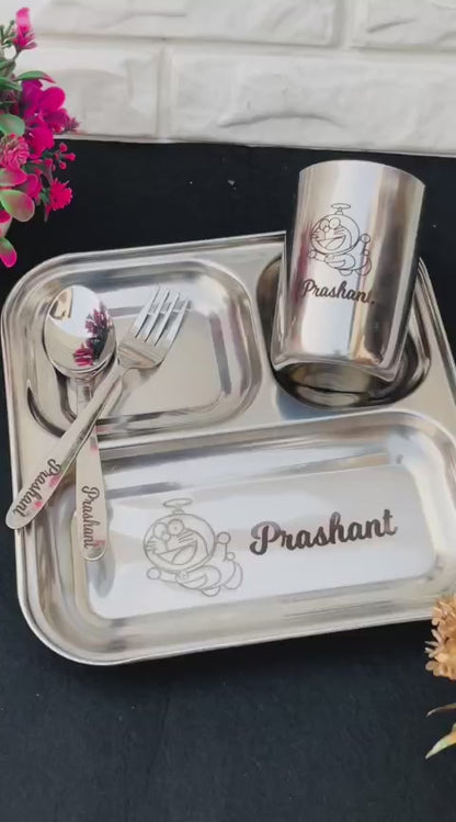 Personalized Stainless Steel Dinner Set | Custom Name & Character | 4-Piece Gift Set