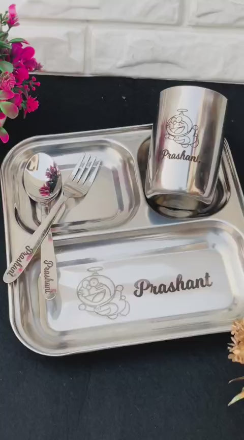 Personalized Stainless Steel Dinner Set | Custom Name & Character | 4-Piece Gift Set