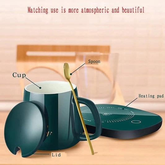 Brewing Coffee Mug, 15.5oz (450.5g), Set, Medium Ceramic Mug with Heater, Spoon and lid, Suitable for Men, Women and Gifts for Friends. You Gonna Love it! (Green)