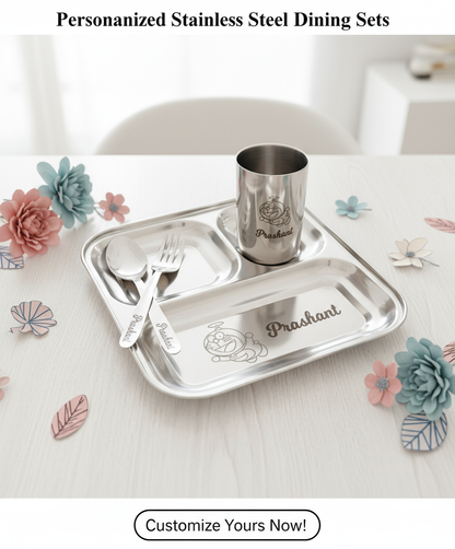 Personalized Stainless Steel Dinner Set | Custom Name & Character | 4-Piece Gift Set