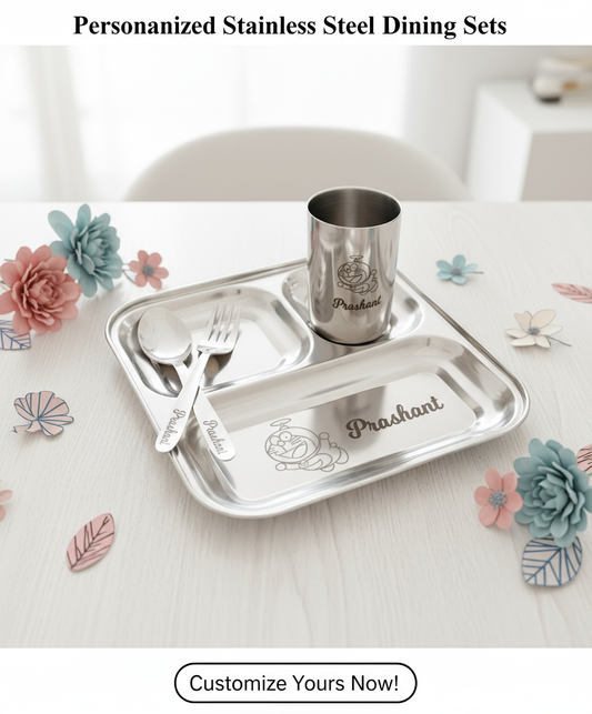 Personalized Stainless Steel Dinner Set | Custom Name & Character | 4-Piece Gift Set